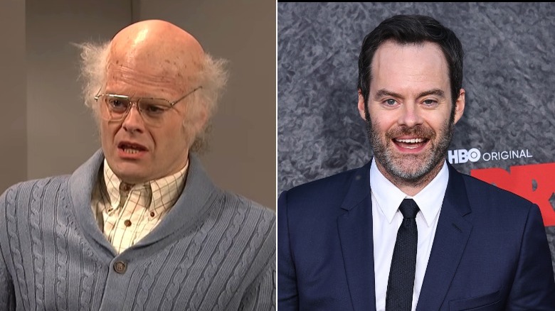 Split image of Bill Hader in sketch and posing