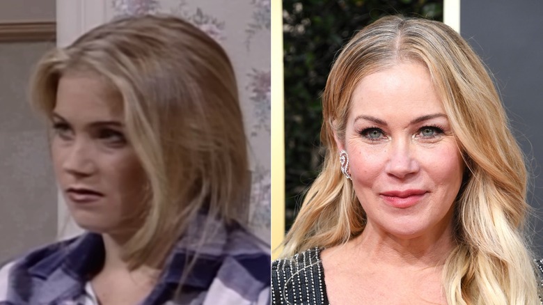 Split image of Christina Applegate in sketch and posing