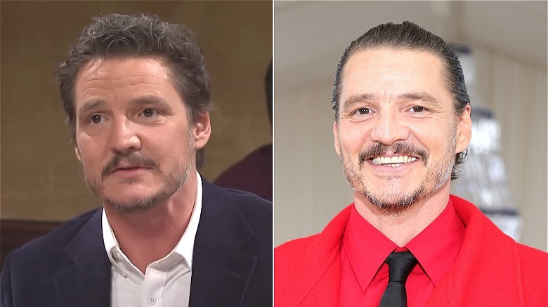 Split image of Pedro Pascal in sketch and posing