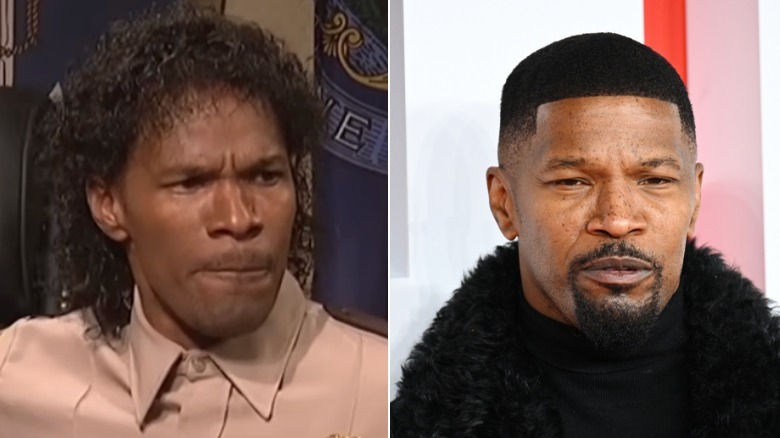 Split image of Jamie Foxx in sketch and posing