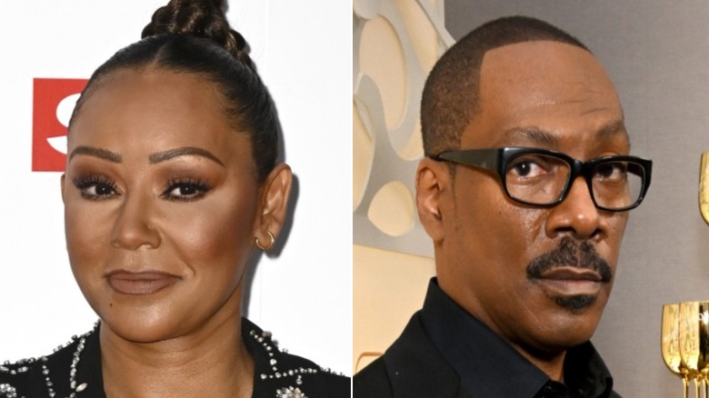 Mel B smirking, left, and Eddie Murphy posing, right