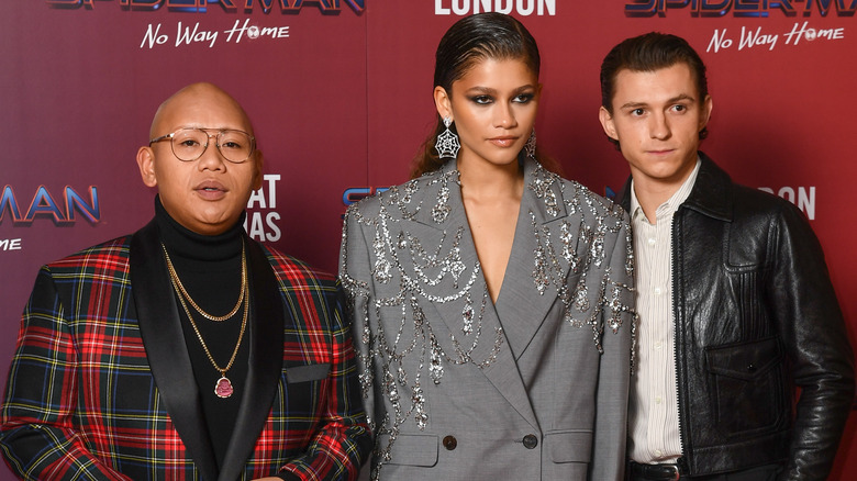 Jacob Batalon, Zendaya, and Tom Holland posing