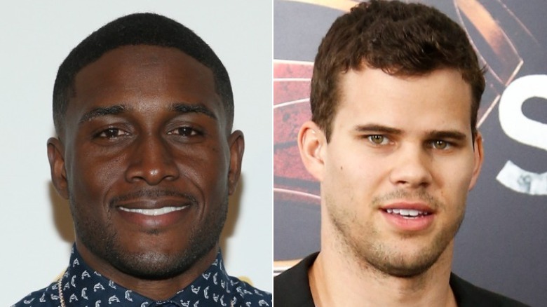 A composite image of Reggie Bush and Kris Humphries smiling