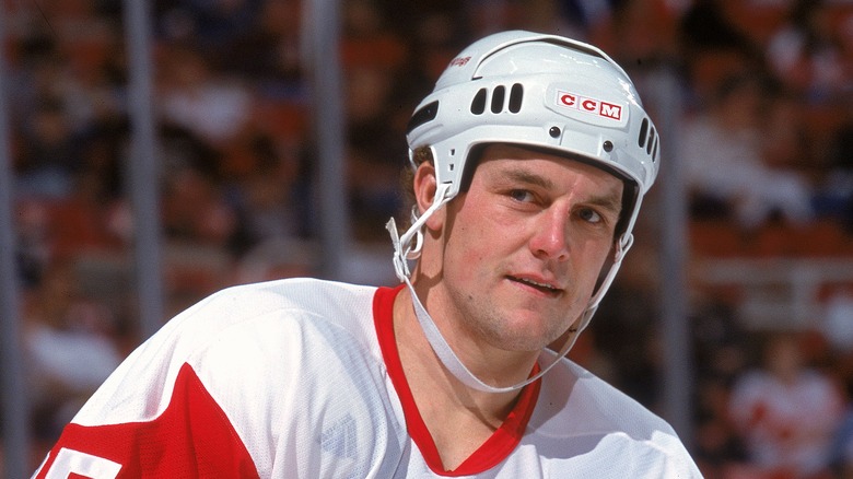 Darren McCarty wearing hockey helmet