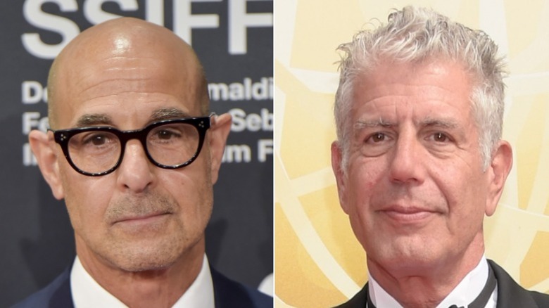 Stanley Tucci and Anthony Bourdain pose in split image