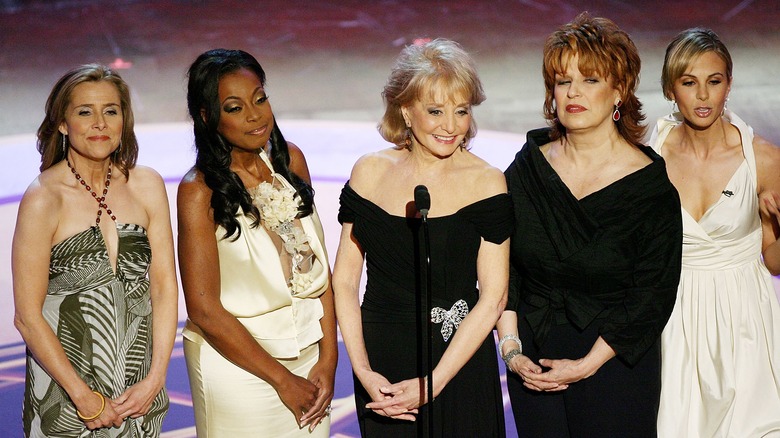 Meredith Vieira, Star Jones, Barbara Walters, Joy Behar and Elisabeth Hasselbeck of "The View" speaking onstage during the 33rd Annual Daytime Emmy Awards