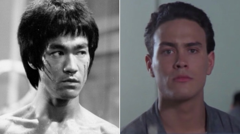 Bruce Lee in fighting stance, Brandon Lee looking at camera