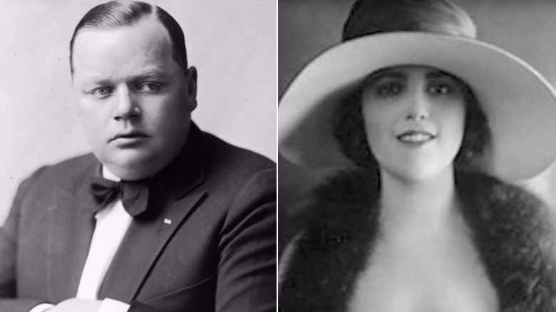Fatty Arbuckle posing in chair, Virginia Rappe smiling