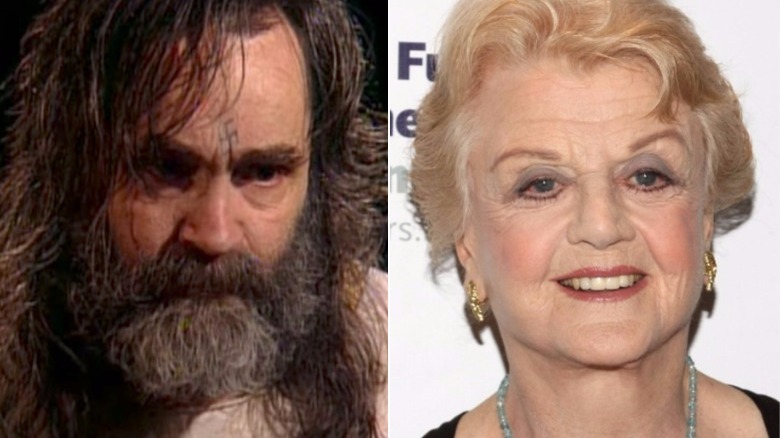 Charles Manson looking down, Angela Lansbury smiling