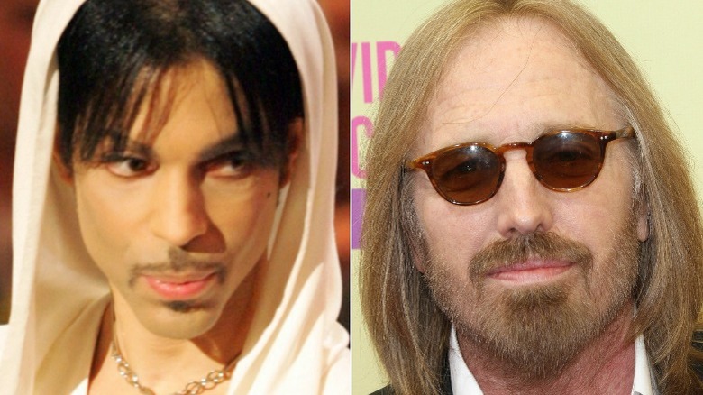 Prince wearing hood, Tom Petty wearing sunglasses