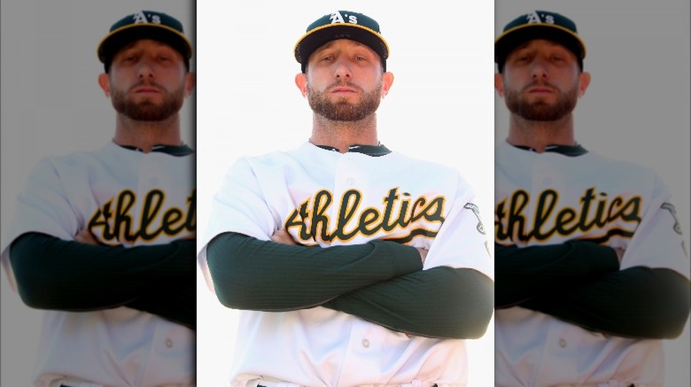 Dallas Braden poses on the pitch in 2012