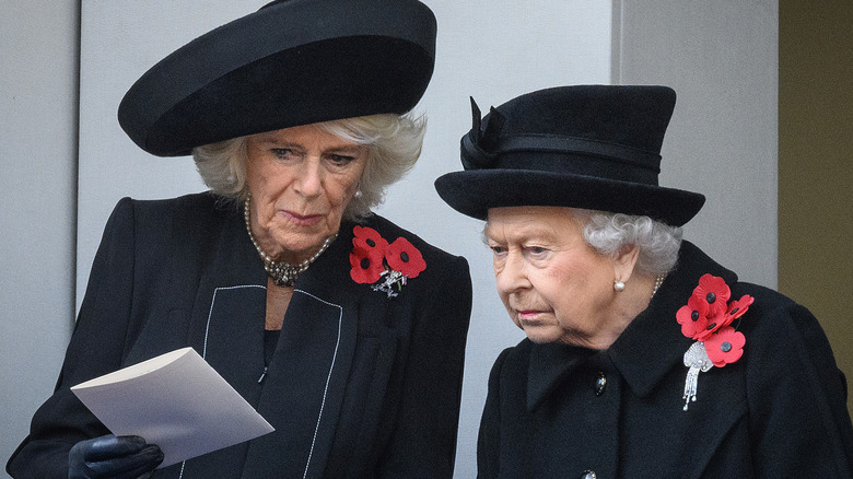 Camilla Parker-Bowles, Queen Elizabeth II looking at paper