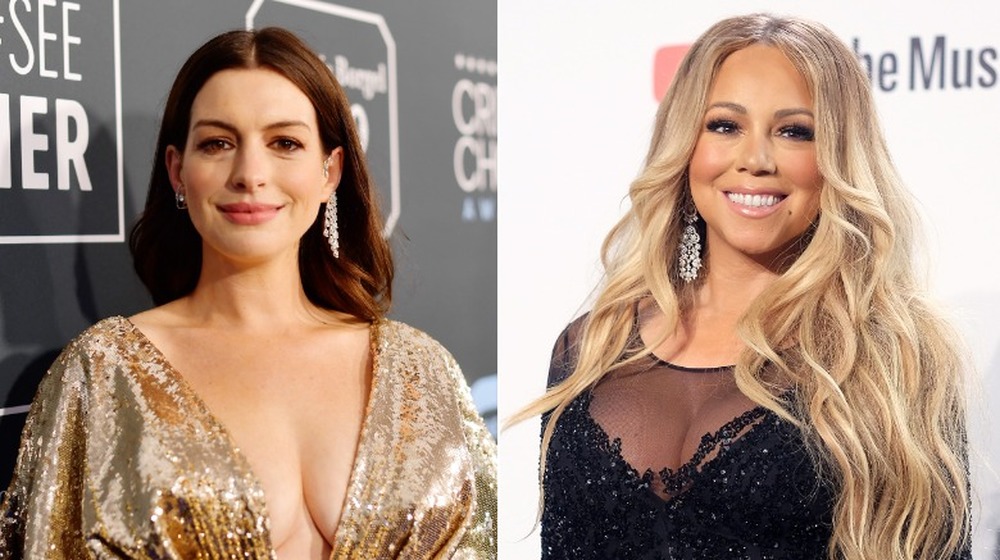 Anne Hathaway and Mariah Carey, both on red carpets, split image