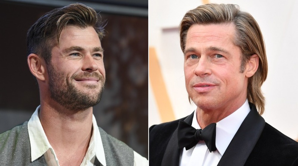 Chris Hemsworth and Brad Pitt, both on red carpets; split image