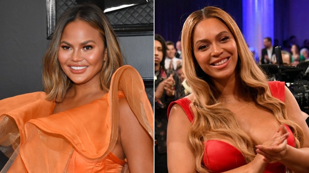 Chrissy Teigen on red carpet, Beyonce seated at event and clapping