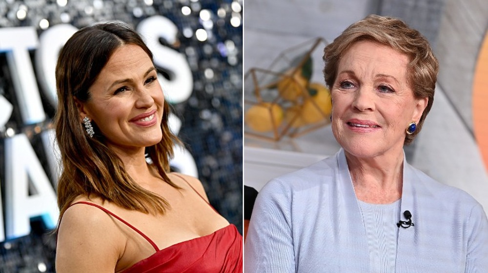 Jennifer Garner on red carpet, Julie Andrews seated during interview