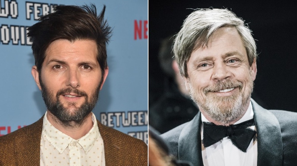 Adam Scott and Mark Hamill, both on red carpets; split image