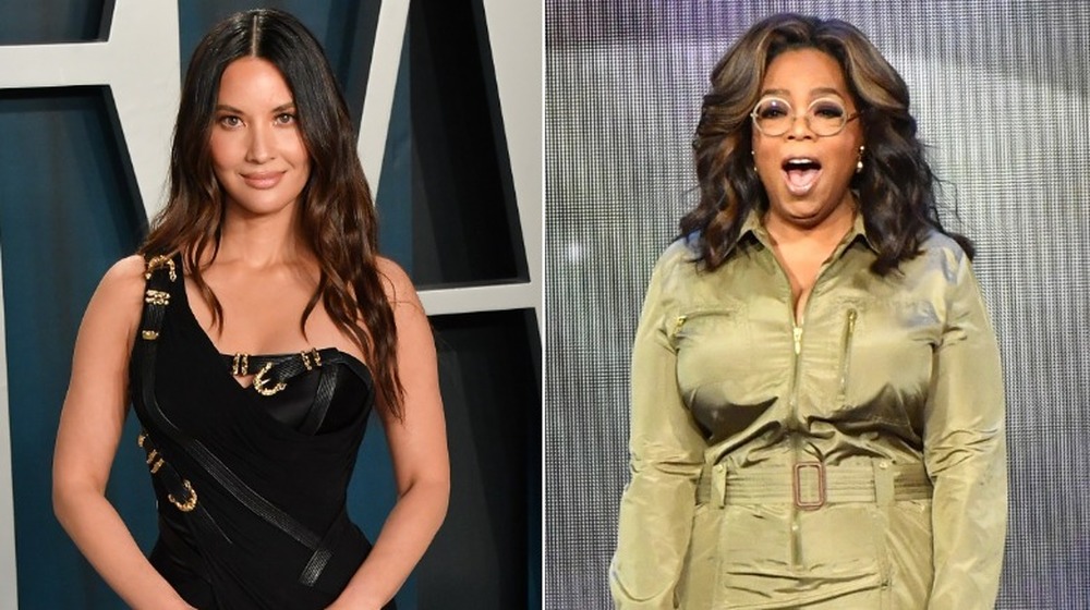 Olivia Munn on red carpet, Oprah Winfrey with mouth open on stage