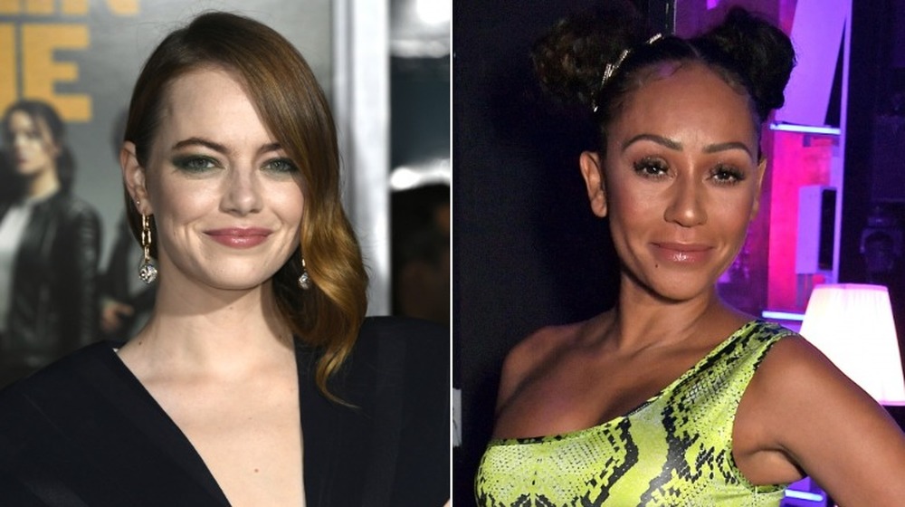 Emma Stone and Mel B, both posing on red carpets; split image