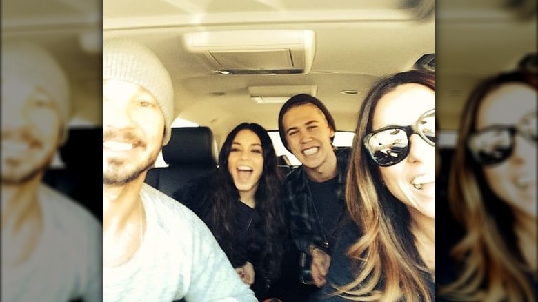 Carl Lentz, Vanessa Hudgens, Austin Butler, and Laura Lentz in a car