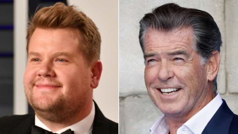 James Corden grinning, Pierce Brosnan smiling