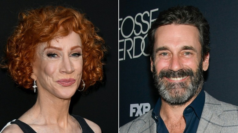 Kathy Griffin smirking, John Hamm smiling