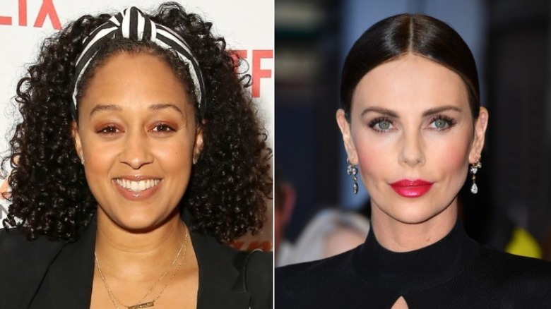 Tia Mowry smiling, Charlize Theron posing