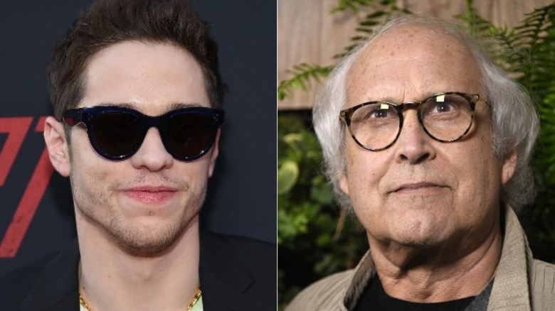 Pete Davidson wearing sunglasses, Chevy Chase looking up