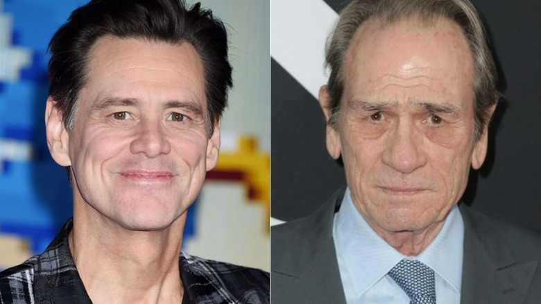 Jim Carrey smiling, Tommy Lee Jones looking serious