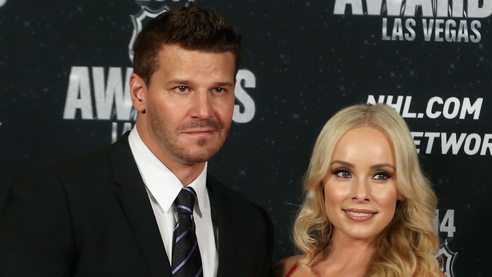 David Boreanaz in a black suit and black-and-purple striped tie, Jaime Bergman in a red dress