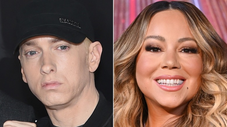 Eminem looking glum, Mariah Carey smiling