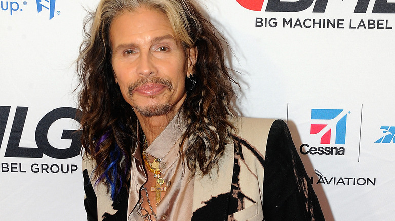 Steven Tyler with white streaks in hair and a cow print blazer