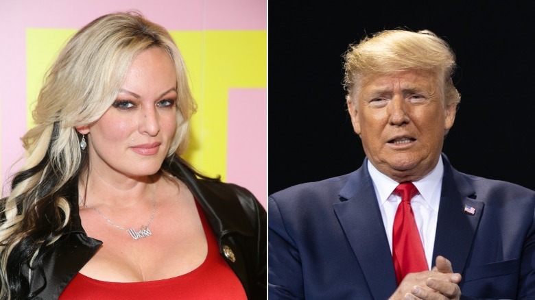 Stormy Daniels posing; Donald Trump speaking