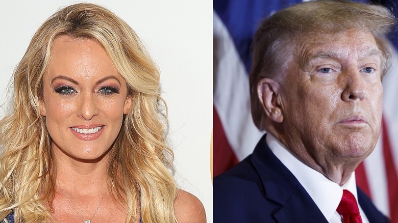 Stormy Daniels smiling; Donald Trump staring