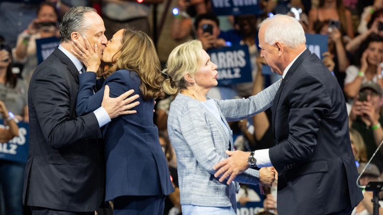 Kamala Harris, Tim Walz greeting spouses