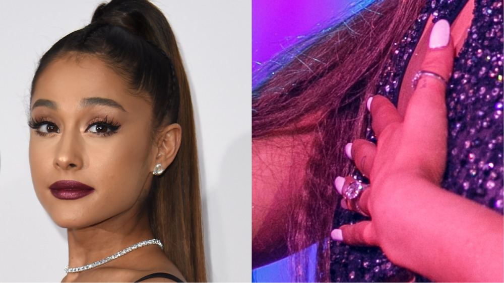 Ariana Grande looking serious (right), Ariana Grande's engagement ring (right)