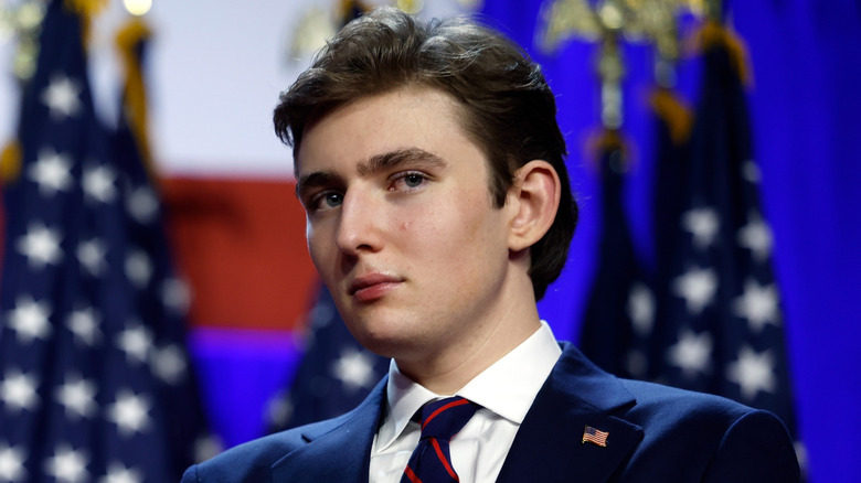 Barron Trump looks as during 2024 election event