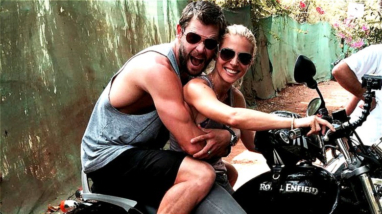 Chris Hemsworth and Elsa Pataky riding motorbike