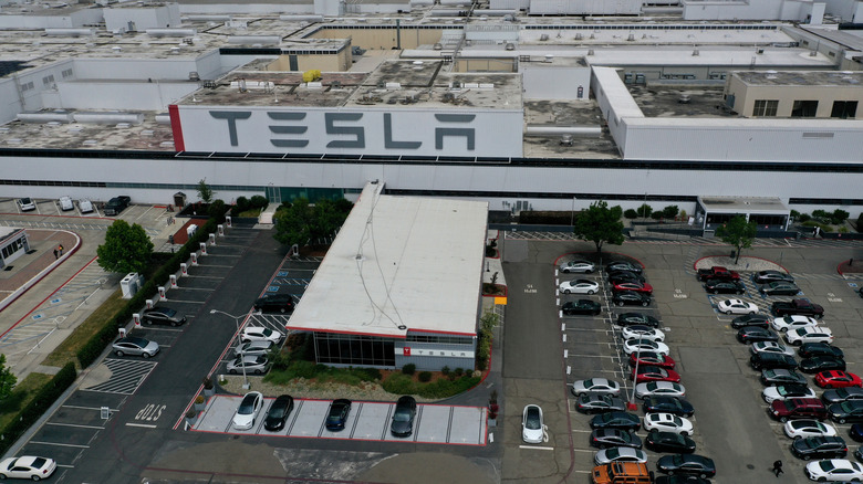 An aerial view of the Tesla Fremont Factory in Alameda County