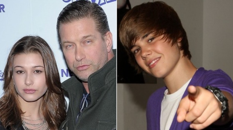 Hailey Bieber and Stephen Baldwin posing, Justin Bieber pointing at camera