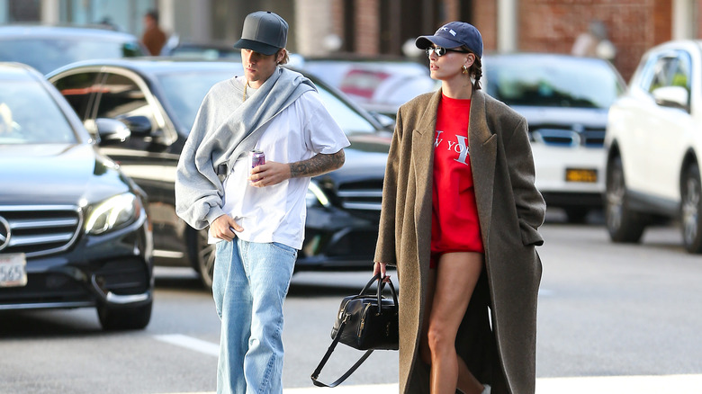 Hailey and Justin Bieber walking outside