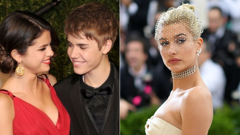 Selena Gomez and Justin Bieber smiling, Hailey Bieber posing