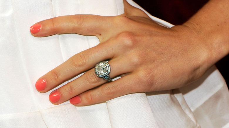 Jessica Biel's hand with engagement ring