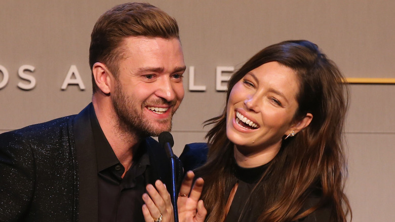 Justin Timberlake, Jessica Biel laughing