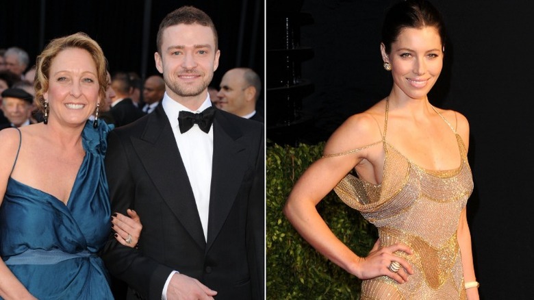 Justin Timberlake posing with his mother, Jessica Biel smiling