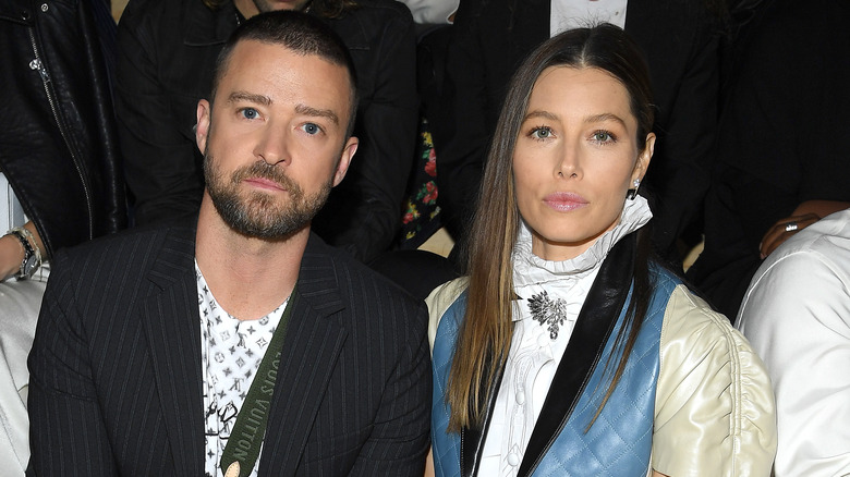 Justin Timberlake, Jessica Biel looking serious