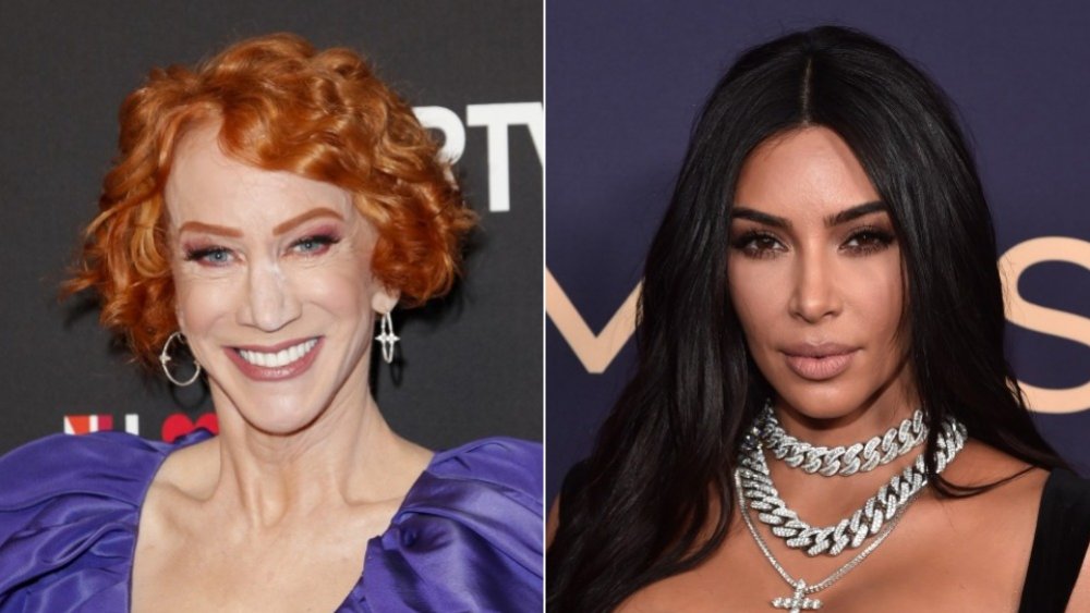 Split image of Kathy Griffin smiling and Kim Kardashian with a serious expression