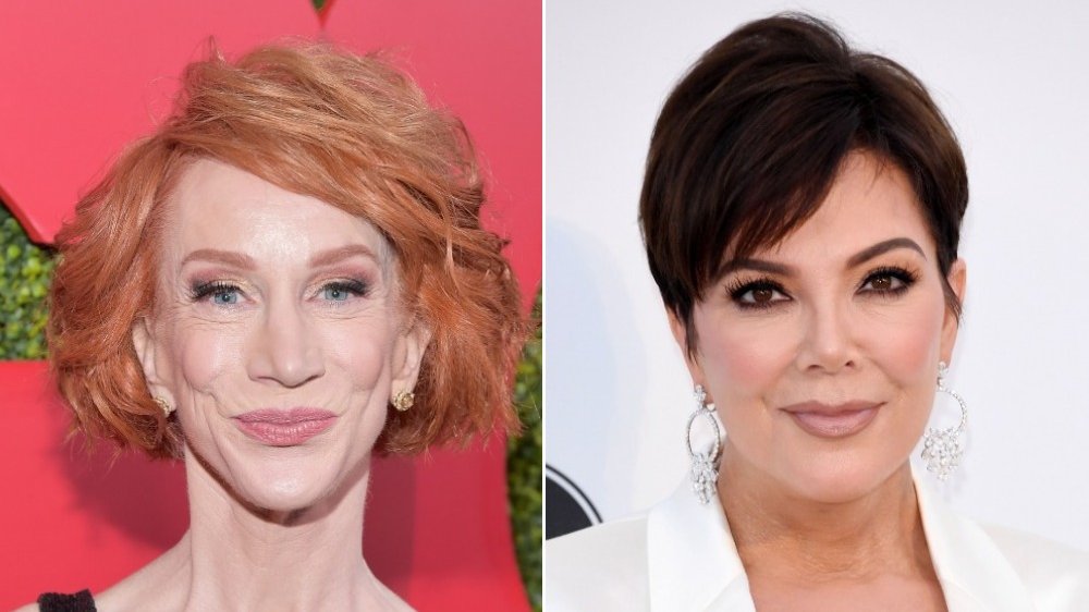 Split image of Kathy Griffin and Kris Jenner, both with small smiles