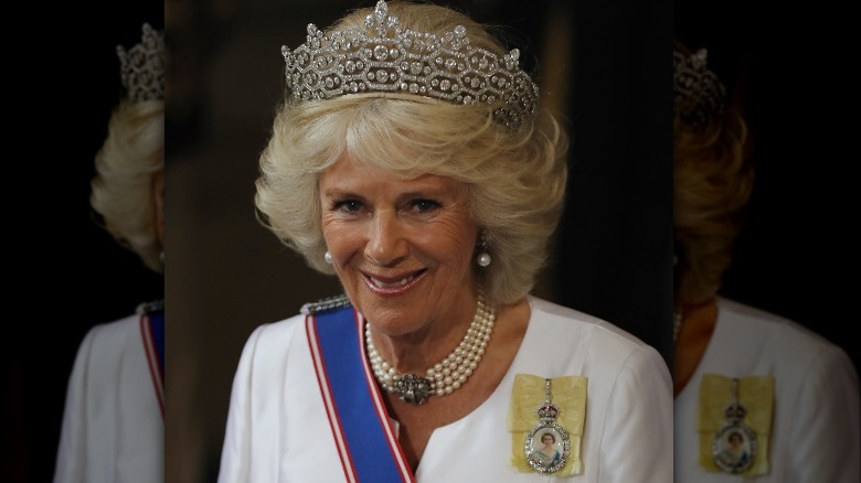 Camilla Parker Bowles in a tiara smiling