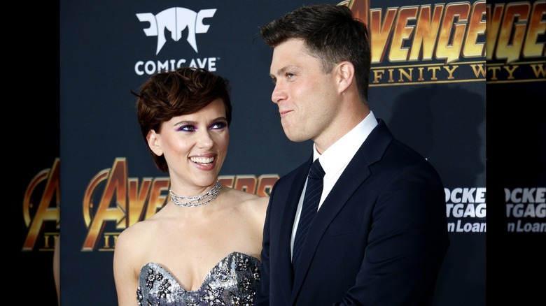 Scarlett Johansson and Colin Jost mugging